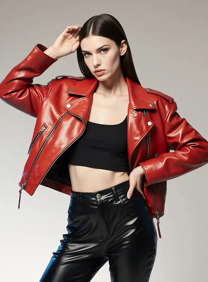 Woman in red leather moto jacket with black crop top and leather pants posing in studio